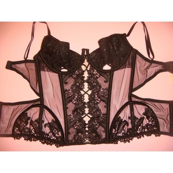 Victoria's Secret DESIGNER COLLECTION 34B,36C CORSET SET BLACK floral embroidery - Picture 2 of 15